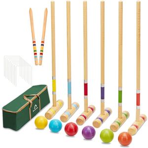 ApudArmis Six Player Croquet Set with Premiun Rubber Wooden Mallets 28In,Colored Ball,Wickets,Stakes - Lawn Backyard Game Set for Adults/Teenagers/Family (Large Carry Bag Including)