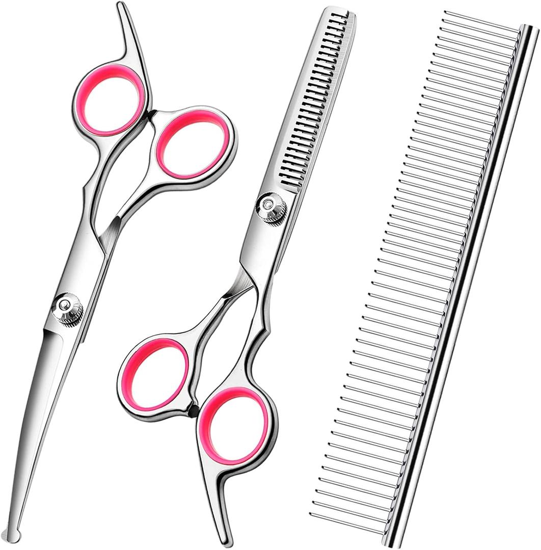 FAIGEO Dog Grooming Scissors with Safety Round Tips Stainless Steel Professional Dog Grooming Kit - Thinning, Curved Scissors and Comb for Cat Pet (Pink 4 in 1)