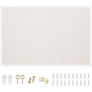 OWLKELA 24'' x 36'' Linen Bulletin Board, White Framed Corkboard, White Oak Frame Linen Cork Board, Vision Board and Decorative Hanging Pin Board