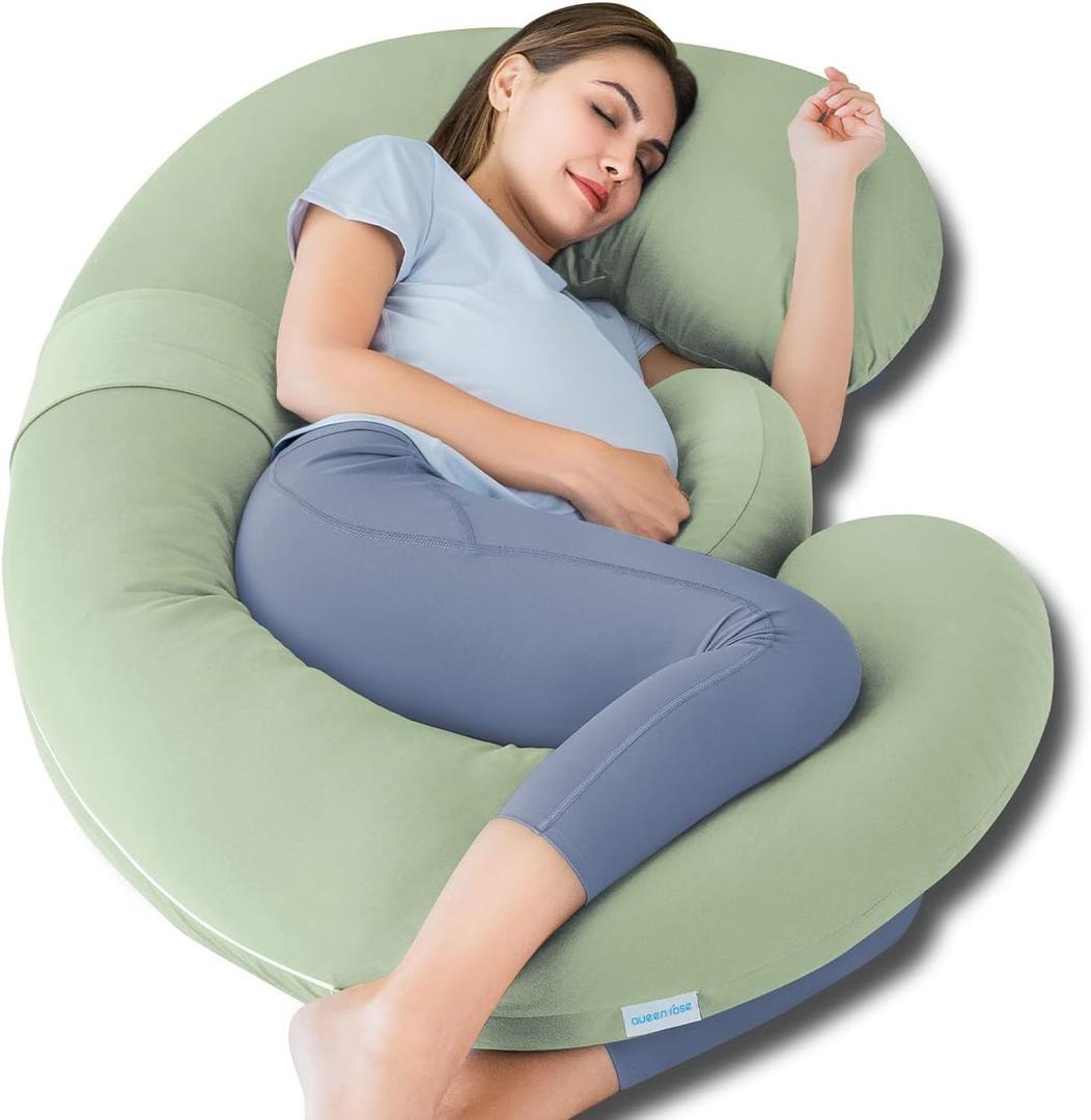 QUEEN ROSE Cooling Pregnancy Pillows - E Shaped Pregnancy Pillows for Sleeping, Detachable Body Pillow for Pregnant Side Sleeper, Cooling Silky Cotton Cover, Sage Green (60 inches)