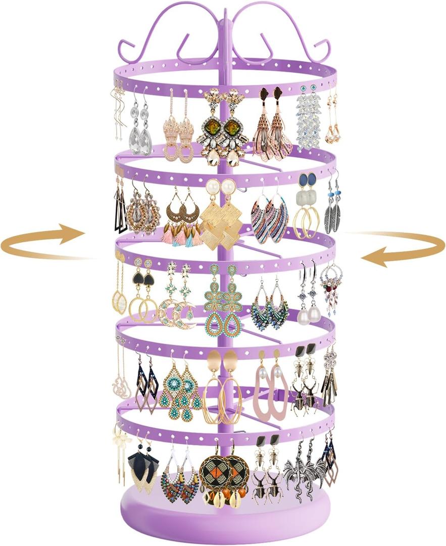 Modowey Rotating Earring Holder Organizer Stand, 5 Tier Metal Tree Display for Women Vendors, 220 Holes Adjustable Jewelry rack for Stud Hoop Dangle Storage, Trendy Carousel Keeps Dresser Neat, Purple