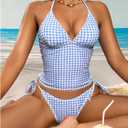 MakeMeChic Women's Tankini Swimsuits Cute Cheeky Swimsuit Plaid Halter Tankini Bathing Suits (Blue, M)
