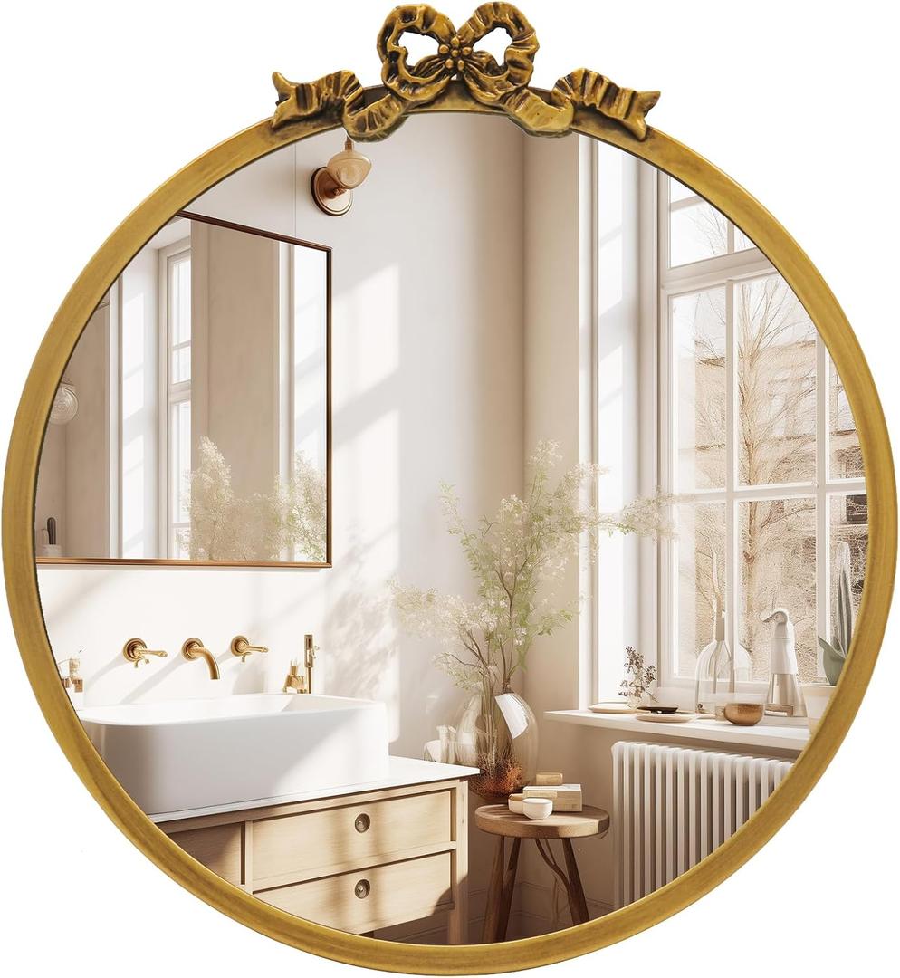 Vintage Round Mirror Antique Gold Vanity Mirrors 12inch Metal Ornate Circle Wall Mirror, Baroque Home Decor for Dressing Table, Bedroom (12.4"L x 11.8"W)