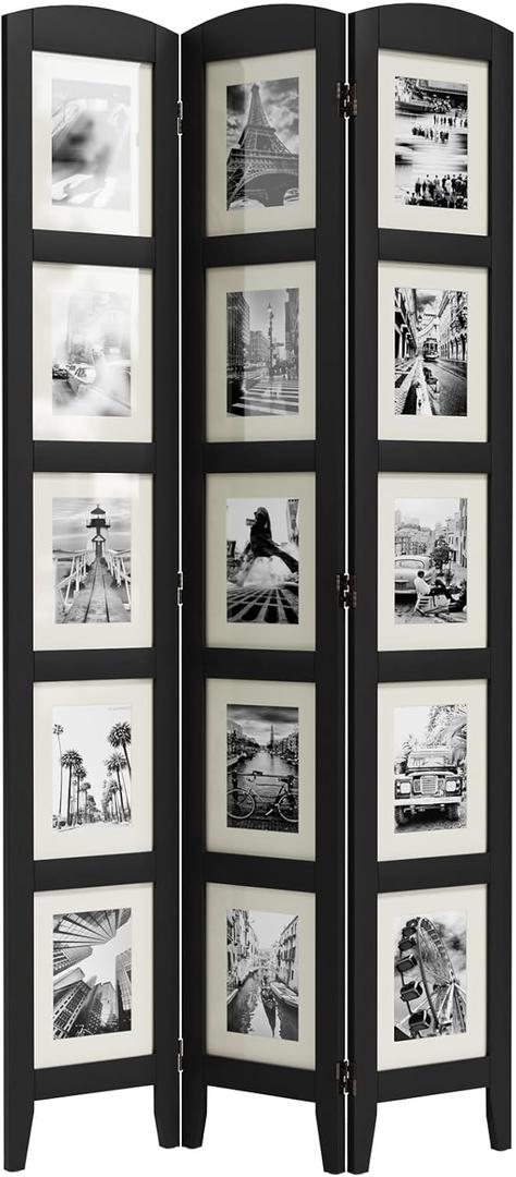 SZQINJI 3 Panel Photo Room Divider Screen, Solid Wood Divider for Room Separation for 8x10 Picture Frame Without Mat for 5x7 Photo with Mat, Black