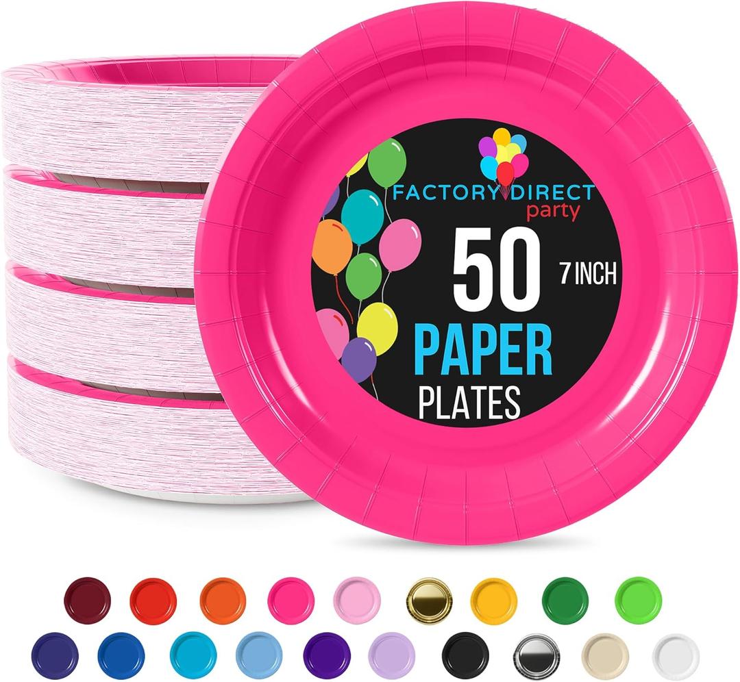 Party Solids Hot Pink Paper Plates Disposable Heavy Duty 7 Inch Hot Pink Disposable Plates For Party 50 Pieces Heavy Duty 350 GSM, Birthday Supplies (Cerise)