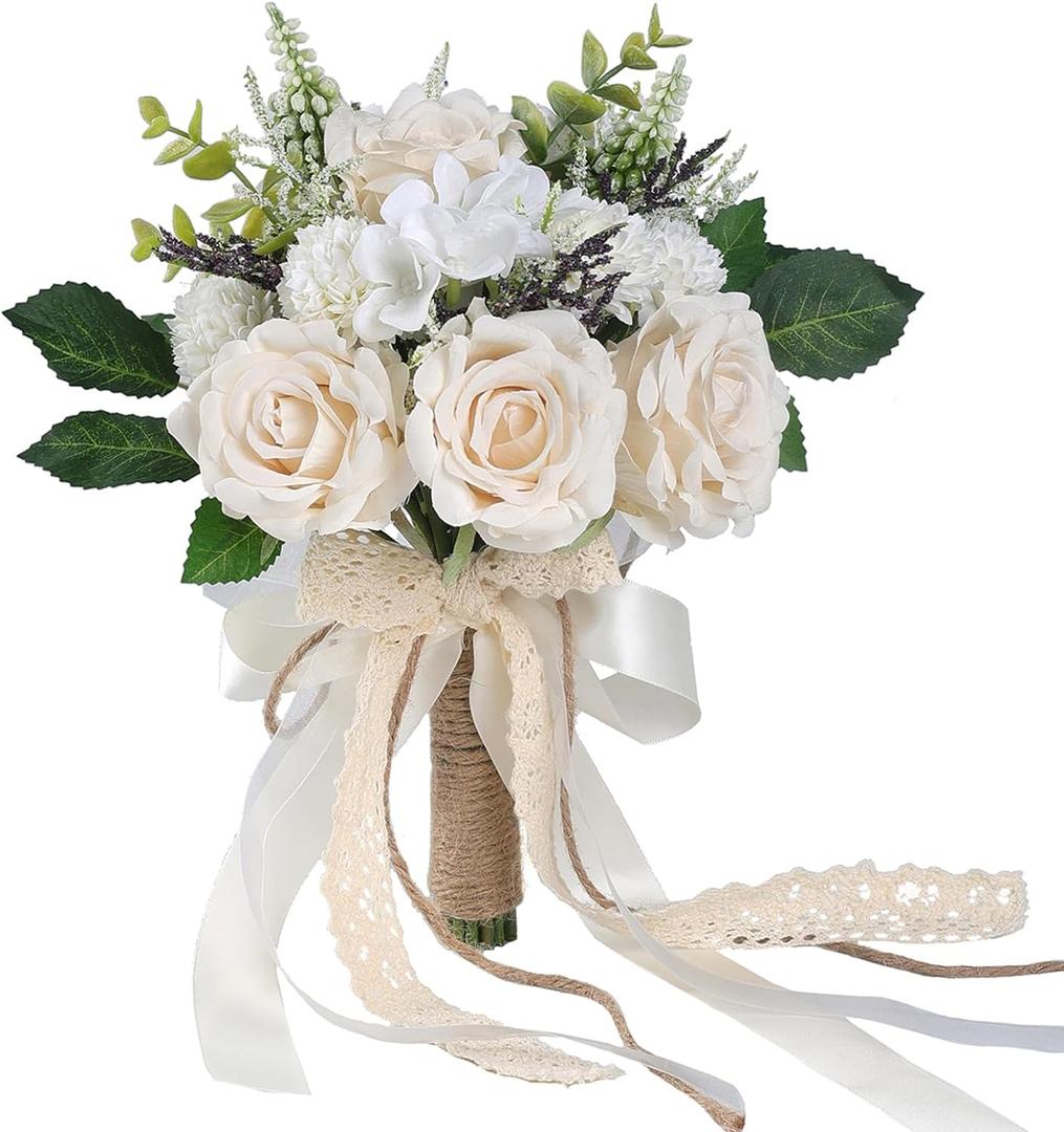 Wedding Bouquets for Bride Bridesmaid,White Champagne Artificial Roses Flowers for Wedding Church Decoration (7.5in) (7.5 inches)