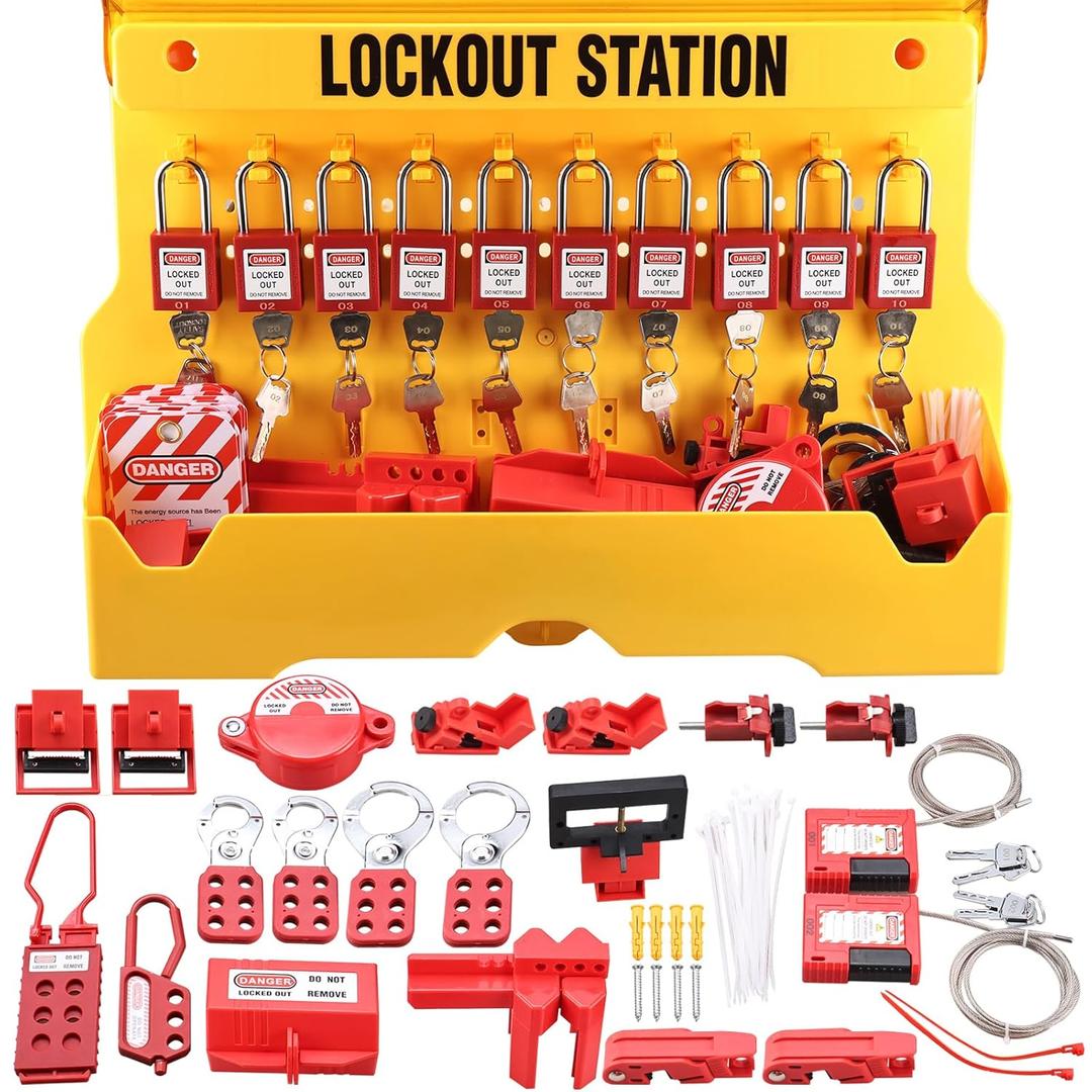 Lockout Tagout Station with Loto Devices - 10 Safety Padlocks, 6 Hasps, 9 Circuit Breaker Lockout, 2 Integrated Cable Locks, Plug Lock, Ball Gate Valve Lockout and 40 Loto Tags Kit