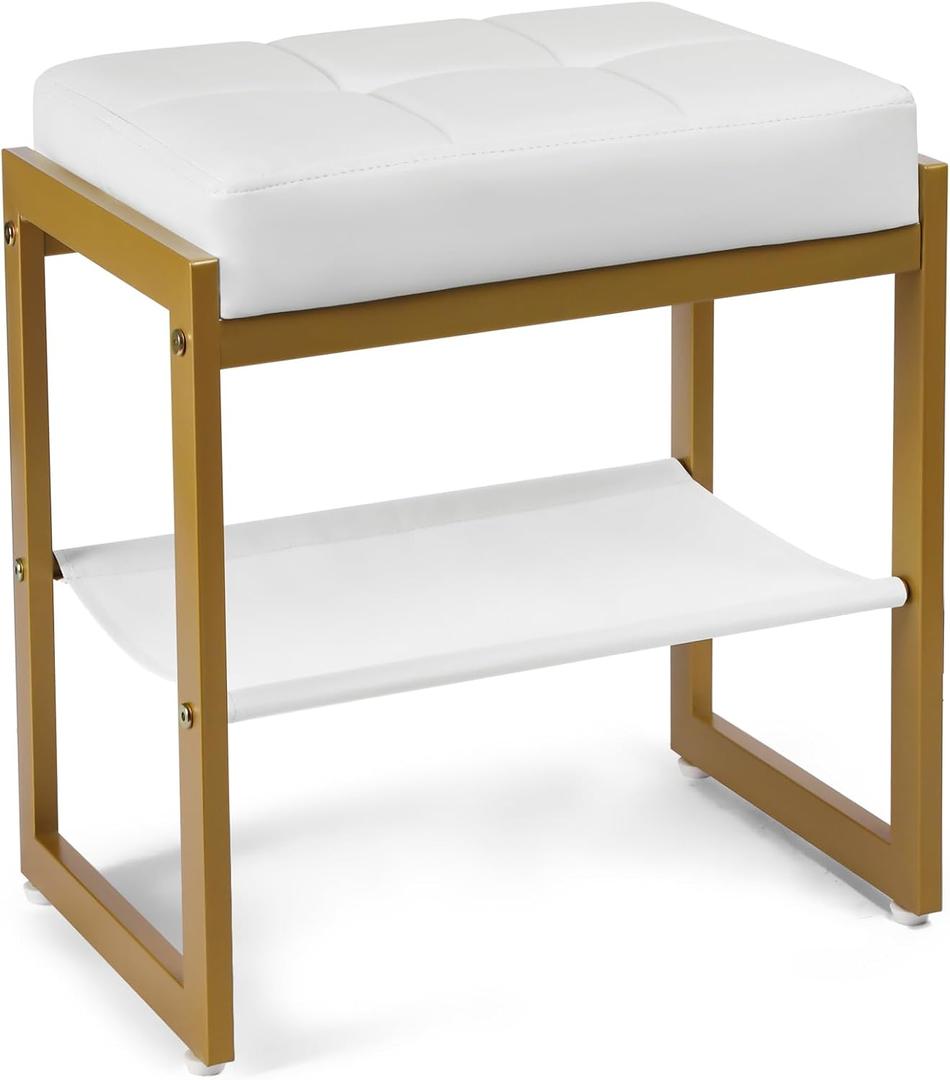 Vanity Stool, Faux Leather Vanity Chair Stool for Dressing Table, Modern Gold Metal Footstool Ottoman for Bedroom & Living Room, White & Gold