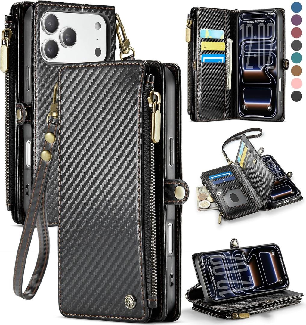Defencase for iPhone 17 Pro Max Case Wallet with RFID Blocking Card Holder for Women Men, PU Leather Magnetic Snap Flip Zipper Strap Wallet Phone Case for iPhone 17 Pro Max 6.9", Carbon Fiber Black