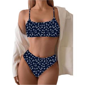 SOLY HUX Women's 2 Piece Bathing Suit Floral Print High Waisted Scoop Neck Cute Bikini Set Beachwear Dark Blue Floral Small
