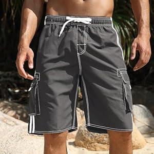 Men's Quick Dry Beach Short Solid Color Boardshorts Swim Trunks 38 Gray&White