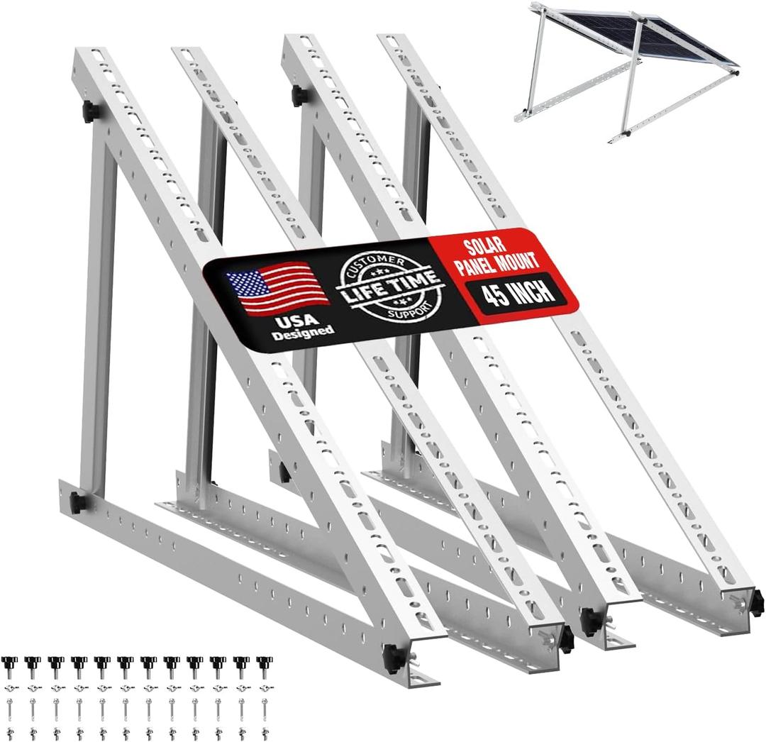 Solar Panel Mount Brackets, 2 Sets 45 inch Adjustable with Foldable Tilt Legs, Suitable for 2-4pcs 180 200 300 400 500 Watt Solar Panel for Roof, RV, Boat, and Off-Grid