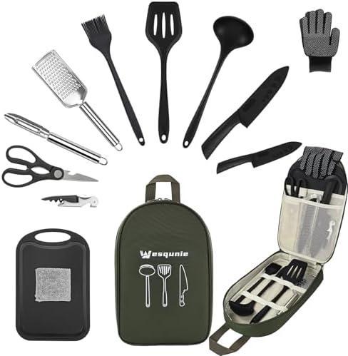 Camping Essentials Cookware Cooking Utensils Set - Portable Camp Kitchen Mess Kit Outdoor Accessories, Stainless Steel & Silicone, Camping Gear Equipment for RV Picnic Grill