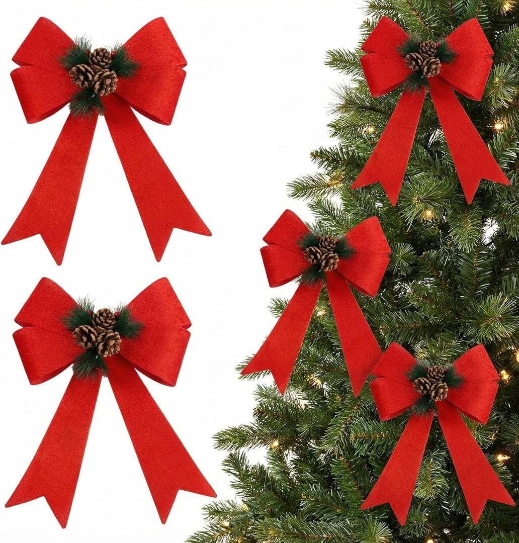 JOHOUSE 3PCS Large Christmas Velvet Bows with Pine Cones, 9x12 Inches Red Velvet Bow Christmas Bowknot with Pine Cone Red Berries for Xmas Party Tree Wreath Home Farmhouse Ornament Crafts DIY Decor