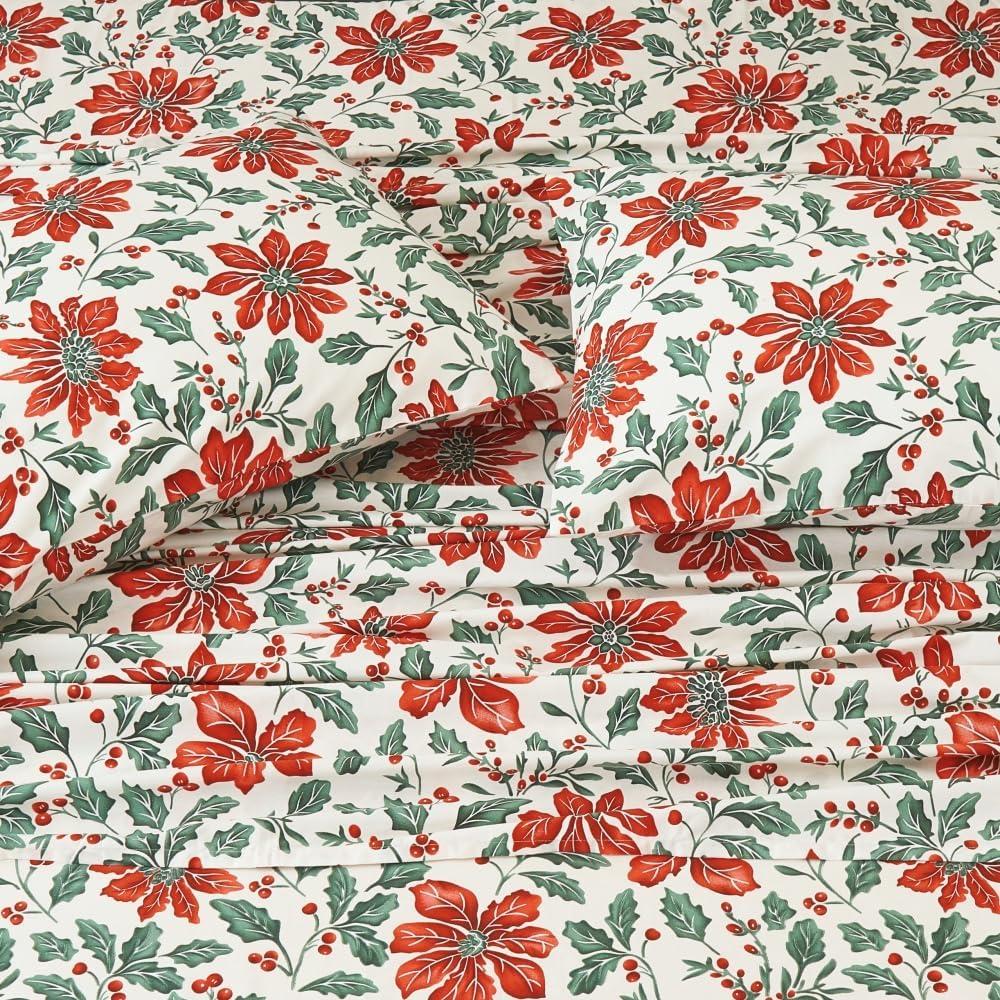 DAUAOTO Cotton Holiday Sheets Set Twin Size Printed Bedding Sets, Up to 14" Deep Mattress, Bedlinen Set Christmas Flower Pattern