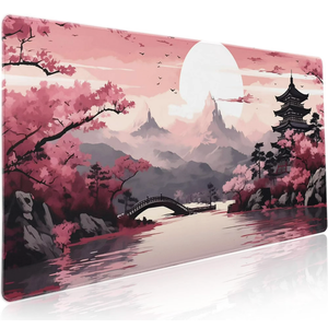 Pink Japanese Sakura Gaming Mouse Pad XXL Cherry Blossom Tower Mountain Landscape Big Extended Large Desk Mat Non-Slip Rubber Base Stitched Edge Long Mousepad for Computer Gamer 