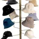 MyGift Freestanding Cowboy Hat Display Rack, 360 Degree Rotating Wig or Baseball Cap Organizer Stand with 20 Customizable Circular Hooks, 6 Foot Height, Brass-Tone Metal