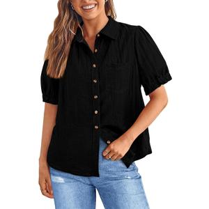 PRETTYGARDEN Womens Summer Short Sleeve Button Down Shirts V Neck Collared Casual Blouse Tops with Pockets