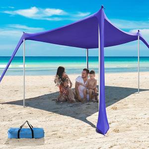 Beach Tent - 10 x 10 FT Portable Beach Canopy, Beach Tent Sun Shelter UPF50 with 4 Sandbags, Stability Poles Ground Pegs and Anti-Wind Ropes, Outdoor Beach Shade Canopy for Camping, Royal Blue