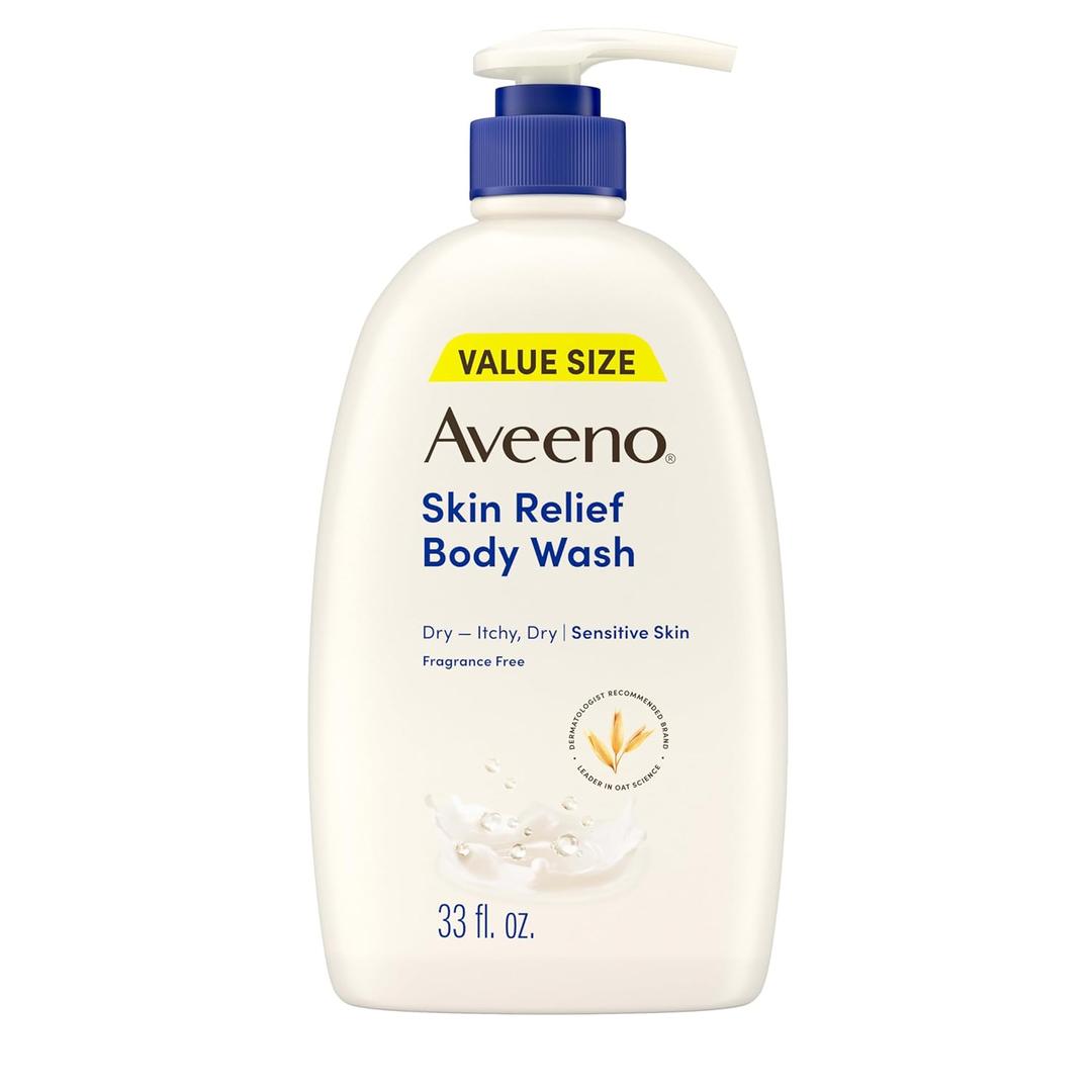 Aveeno Skin Relief Fragrance Free Body Wash, Triple Oat Formula, Gentle Daily Cleanser for Itchy Dry Sensitive Skin, Soap & Paraben Free, Soothes & Moisturizes, 33 fl oz