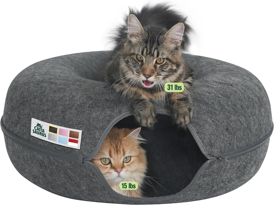 Cattasaurus Peekaboo Cat Cave Donut for Multiple & Large Cats up to 30-45 lbs, 3-in-1 Self Warming Cat Bed, Tunnel & Scratcher for Indoor Cats, Washable & Detachable Small Dog Bed (Dark Gray, Jumbo)