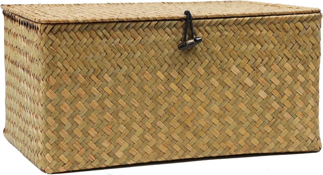 Wicker Basket with Lid, Natural Seagrass Storage Baskets for Organizing, Woven Basket for Storage, Decorative Boxes Bins with Lids Home Organizer Decor (Natural, 14.3" x 9.4" x 6.9")