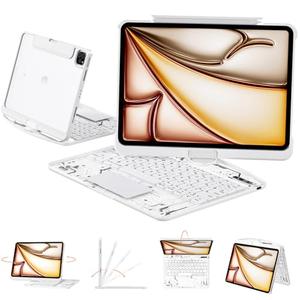 Tiaota Transparent Case with Keyboard iPad Air (M3/M2,2025/2024) 11 Inch,Compatible 10.9" iPad Air 5th/4th & 11" iPad Pro 4/3/2/1,7-Color Backlit,Wireless Keyboard, 360°Rotating,with trackpad,White