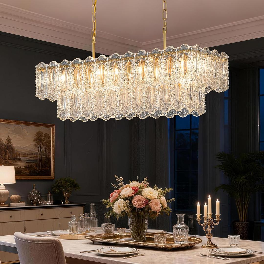 12-Light Gold Rectangle Crystal Chandeliers for Dining Room Light Fixture, 12-Lights L 32"