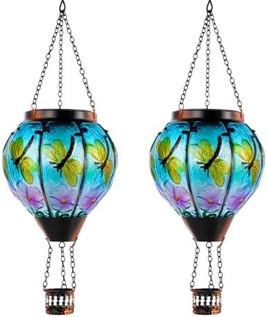 DREAMSKIP 2 Pack Dragonfly Hot Air Balloon Solar Lantern Outdoor Waterproof, Glass Balloon Lanterns for Outside, Decorative Hanging Solar Lights Patio Garden Yard Gift for Women Moms