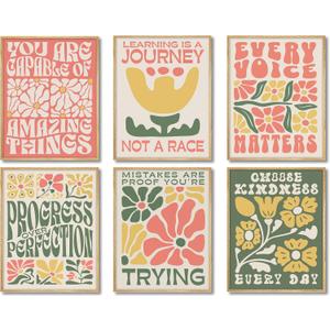 6 Piece Boho Positive Affirmation Wall Art - Motivational Quotes Decor for Bedroom, Living Room & Office - Retro Floral Typography Posters with Unframed, You Are Capable Inspirational Wall Decor