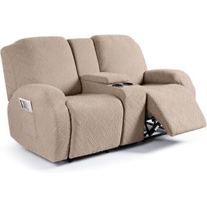 Ruaozz Stretch Loveseat Recliner Covers with Console 4-Pieces Recliner Sofa Covers with Pockets Jacquard Reclining Couch Covers Furniture Protector with Elastic Straps Bottom (2 Seater, Khaki)