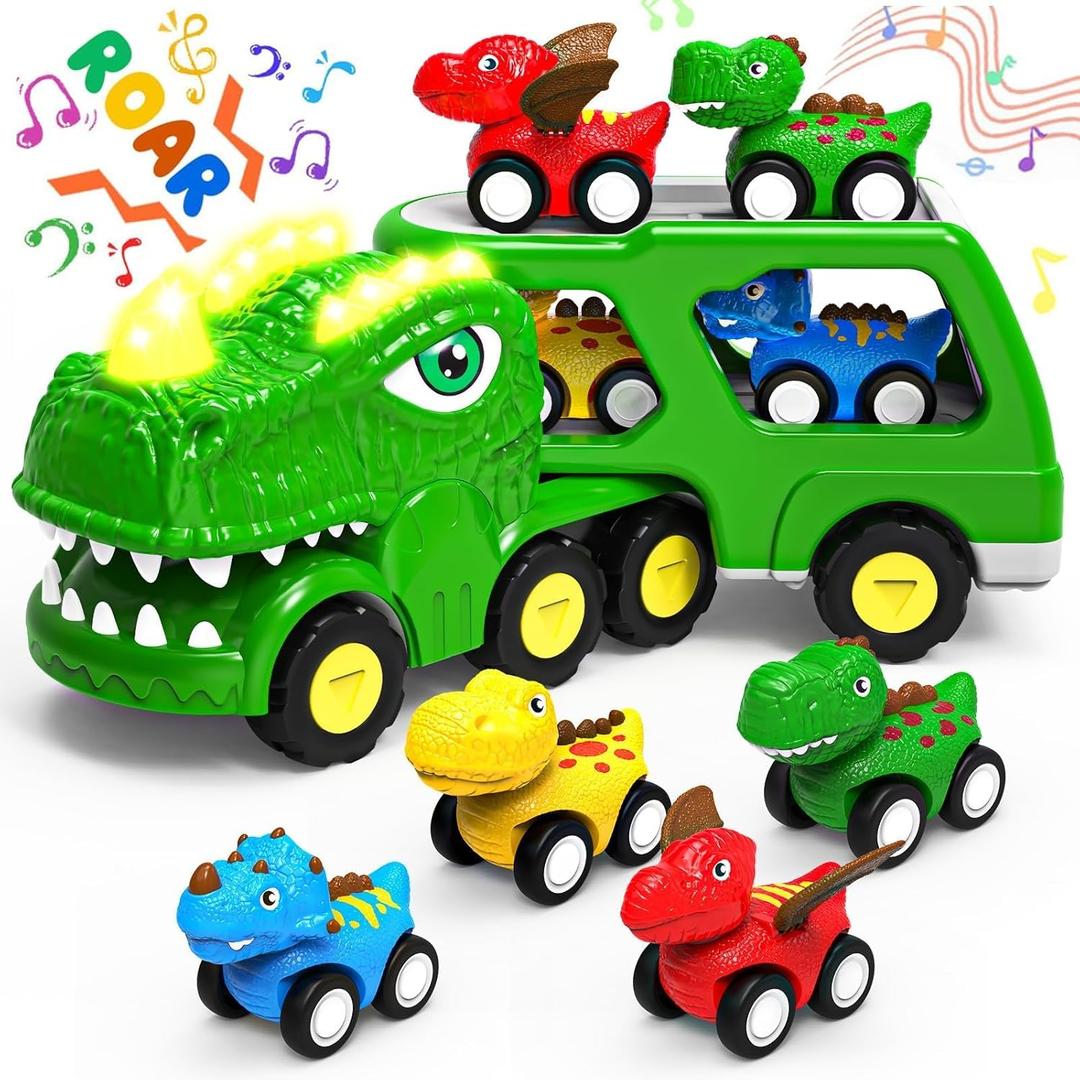 Toddler Car Toys for 1 2 3 4 Year Old Boy Kids Toys 5-in-1 Dinosaur Transport Carrier Trucks Toys for Boys 1-3 with Sounds & Lights Toddler Toys for Boys Age 1-2 2-4 Dinosaur Toys for Kids 3-5 4-6 (Green)