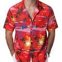 SEAOYOZO Men's Hawaiian Shirt Short Sleeve Tropical Button Down Floral Vacation Beach Shirts Wrinkle Free Stretchy Breathable Sunset Palm Red Print XL