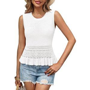 Saodimallsu Womens Crochet Crop Tank Tops Sleeveless Crew Neck Ruffle Summer Boho Knit Sweater Vest Small