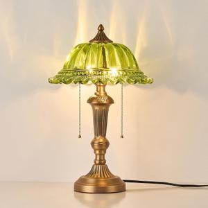 HDDFL Glass Shade Table Lamp Vintage Metal Desk Lamp 2 Lights Table Light with Plug Switch for Bedroom Living Room Home Office Brass and Green