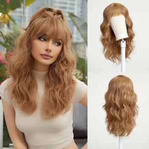Esmee Strawberry Blonde Long Wavy Wig with Bangs for Women Natural Synthetic Hair Heat Resistant Wigs for Daily Party Cosplay Wear 22 Inches