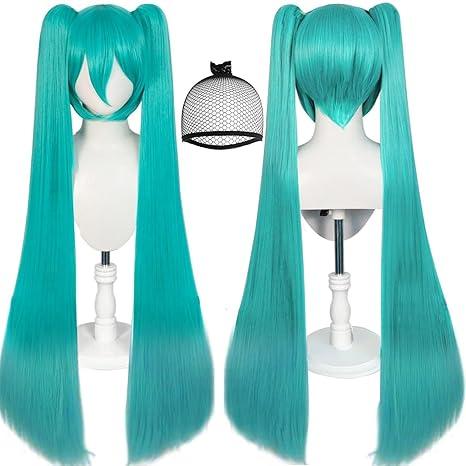 Wig Cap + 4Pcs 47inch Long Green Cosplay Wig with Headphone and Hair Accessories Teal Straight Synthetic Anime Wigs with Double Ponytail for Women Costume Green Wigs for Halloween Costume Outfit