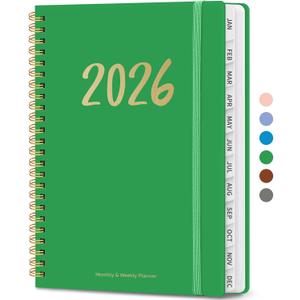 2 x 2026 Planner, Weekly and Monthly Planner for Women, January 2026 - December 2026, Hardcover 2026 Calendar Planner Book with Tabs, Inner Pocket, Spiral Bound, Perfect for Office Home School Supplies - A5 (6.3" x 8.5"), Racing Green