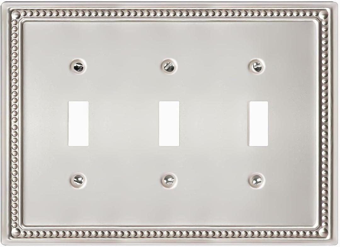 Metal Outlet Covers Wall Plates, Satin Nickel Beadboard Switch Plate Cover, Receptacle Light Switch Covers, Decorative Electrical Outlet Cover (3 Gang Toggle 1 Pack)