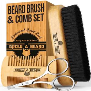 Beard Brush Kit, Comb and Brush Set for Men - Natural Boar Bristle Brush, Dual Action Wood Comb (Beige)