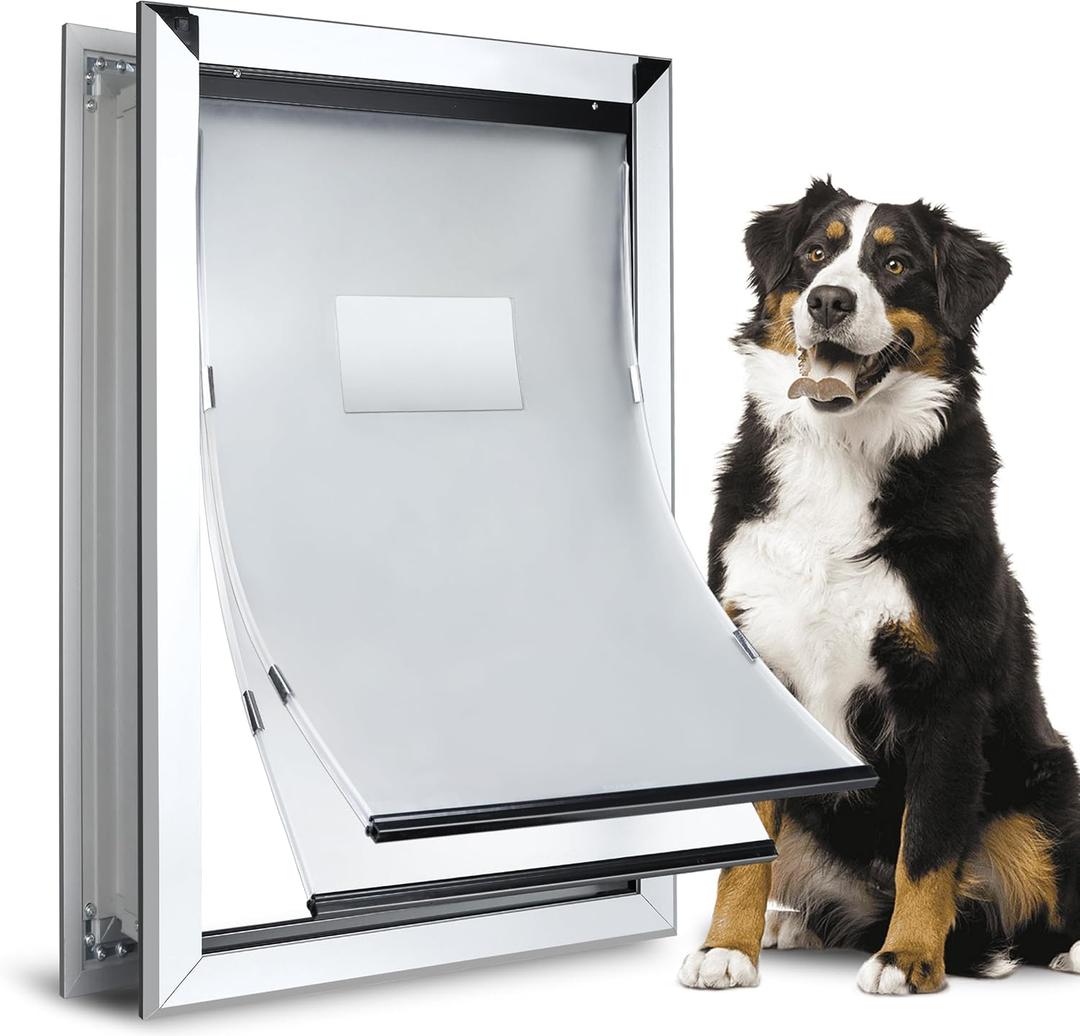 Extra Large Dog Door - Heavy Duty Aluminum, Extreme Weather, Dual Flap, Lockable for Large & Extra Large Dogs Up to 220 lbs (Silver)