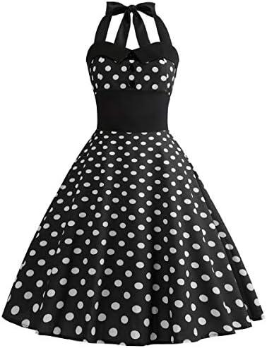 Women 50s Vintage Polka Dot Halter Cocktail Swing Dress Buttons Floral 1950s Rockabilly Audrey Hepburn Prom Tea Party Dress, Small