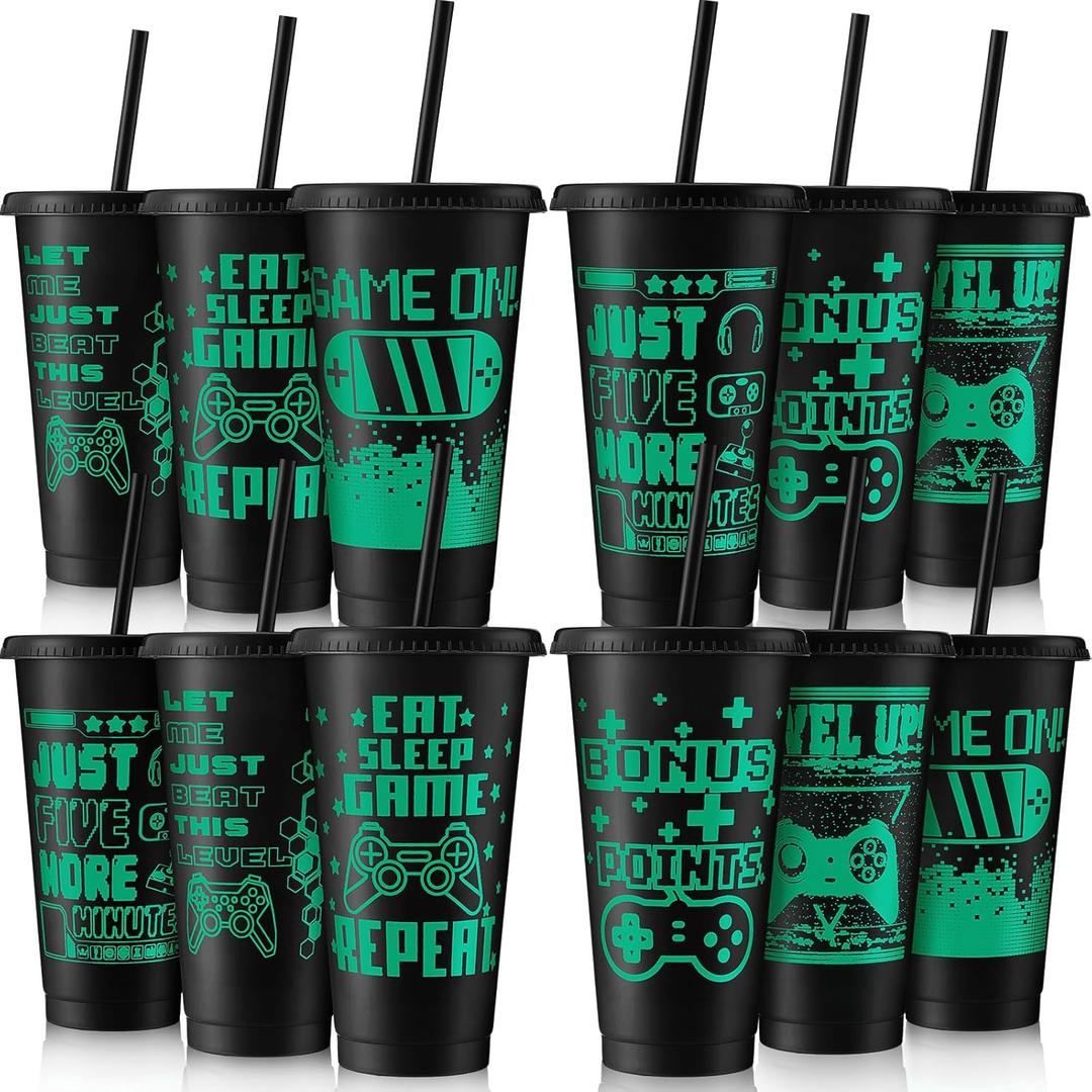 Mifoci Video Game Plastic Cups with Lids and Straws Reusable Tumbler with Lid and Straw Cute Iced Coffee Travel Cups Mug Water Bottle for Adult Kid Gaming Birthday Supplies(Black,12 Pcs)