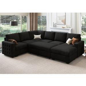 HONBAY Sectional Sleeper Sofa with Pull Out Bed U-Shape Sectional Couch with Storage Chaise 6 Seater Sleeper Sectional Sofa Bed, Velvet Black