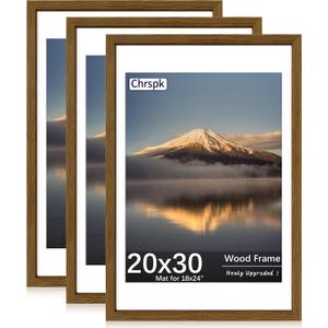 20X30 Poster Frame, Display Pictures 16X24 with Mat or 20X30 Without, Wall Hanging Frames, Rustic Brown, 3 Pack