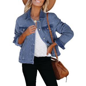 Luvamia Jean Jacket Women Trendy Texture Distressed Button Down Long Sleeves Casual Trucker Denim Jackets with Pockets (Blue, M)