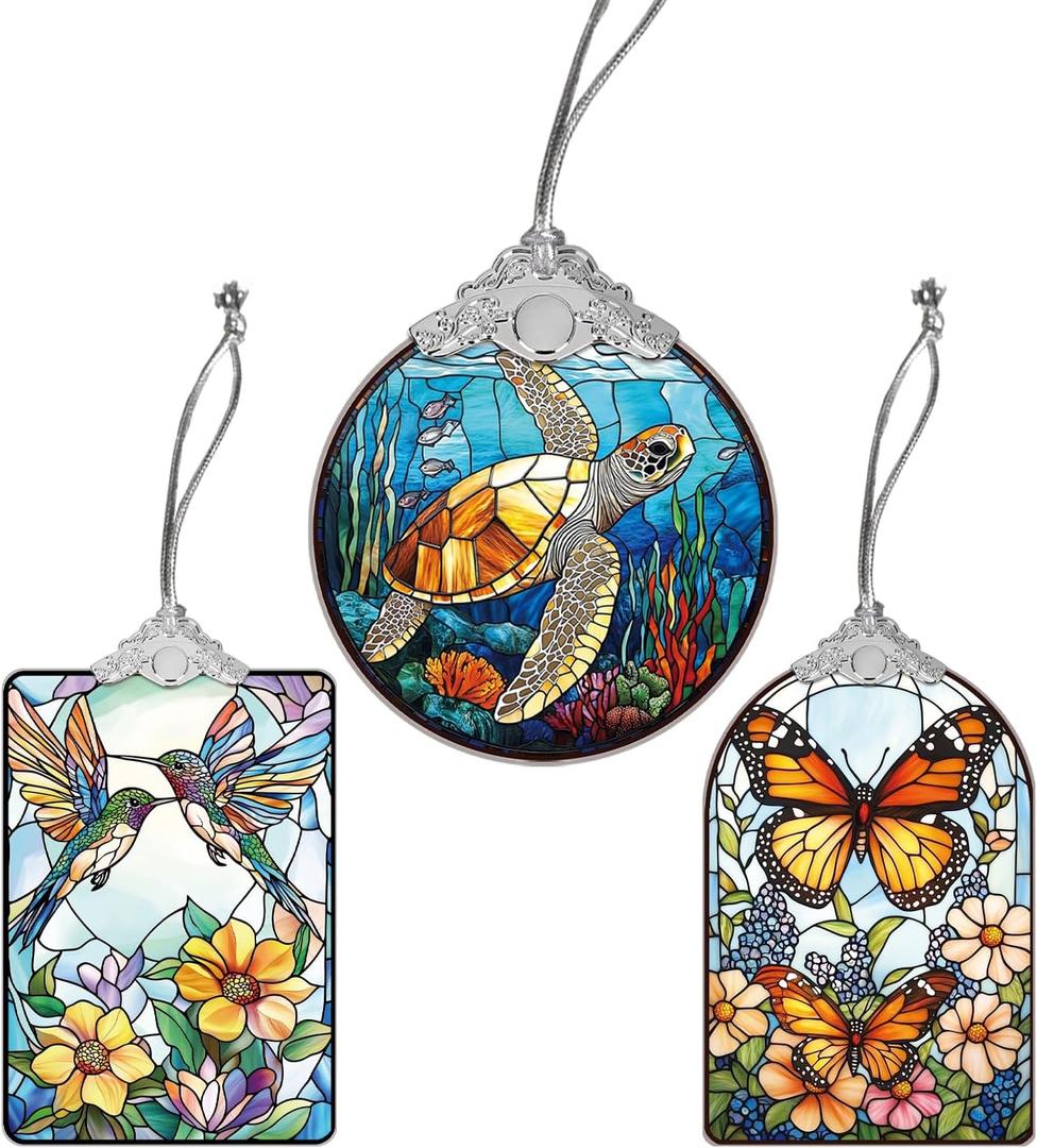 XIAOAIKASet of 3 Stained Glass Style Ornaments, Christmas Tree Hanging Decorations and Acrylic Window Suncatchers, Butterfly, Hummingbird and Sea Turtle Designs, for Women Mom
