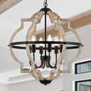 Farmhouse Chandelier for Dining Room Vintage Rustic Oak Distressed White 23'' 6-Light Wood Pendant Lighting Globe Hanging Ceiling Light Fixtures for Entryway Foyer Kitchen Living Room