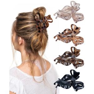 4 PCS Bow Hair Clips Bow Claw Clip for Women, Large Hair Claw Clips for Thin Thick Long Hair Cute Nonslip Bows (Black+Leopard Dark Brown+Leopard Light Brown+Gray)