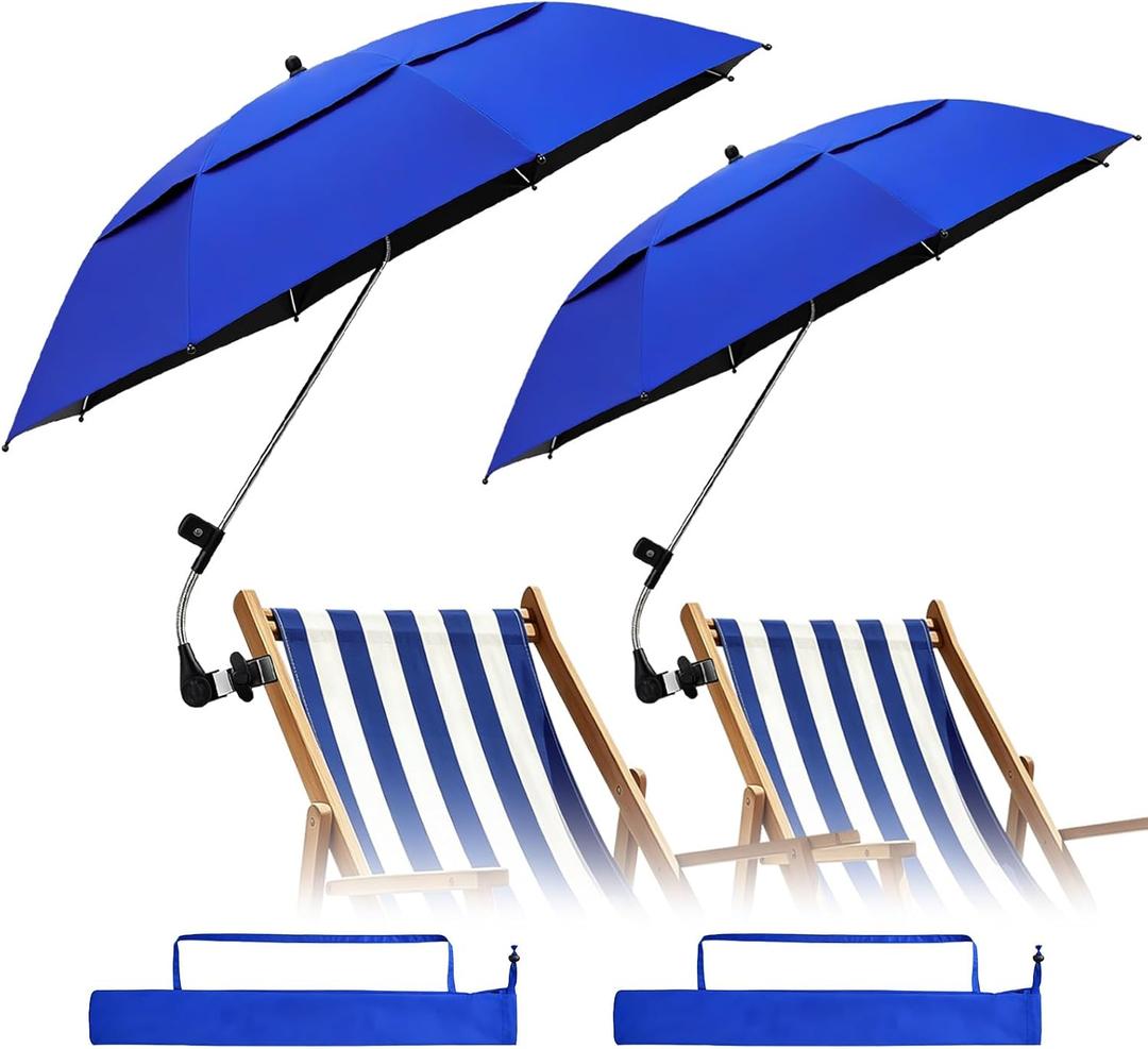 2 Pack 42 Inch Double Canopy Beach Chair Umbrella with Clamp, UPF50+ Clip on Beach Umbrella with 360 Swiwel Arm & Adjustable Clip, Portable Sun Shade for Wheelchair, Stroller, Camping (Dark Blue)